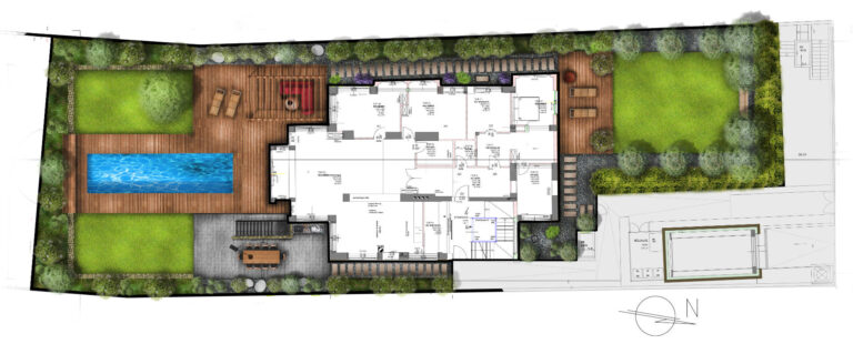 Professioneller Gartenplan mit Grundriss, Pool, Terrassen, Rasenflächen, Wegen und geplanter Bepflanzung.